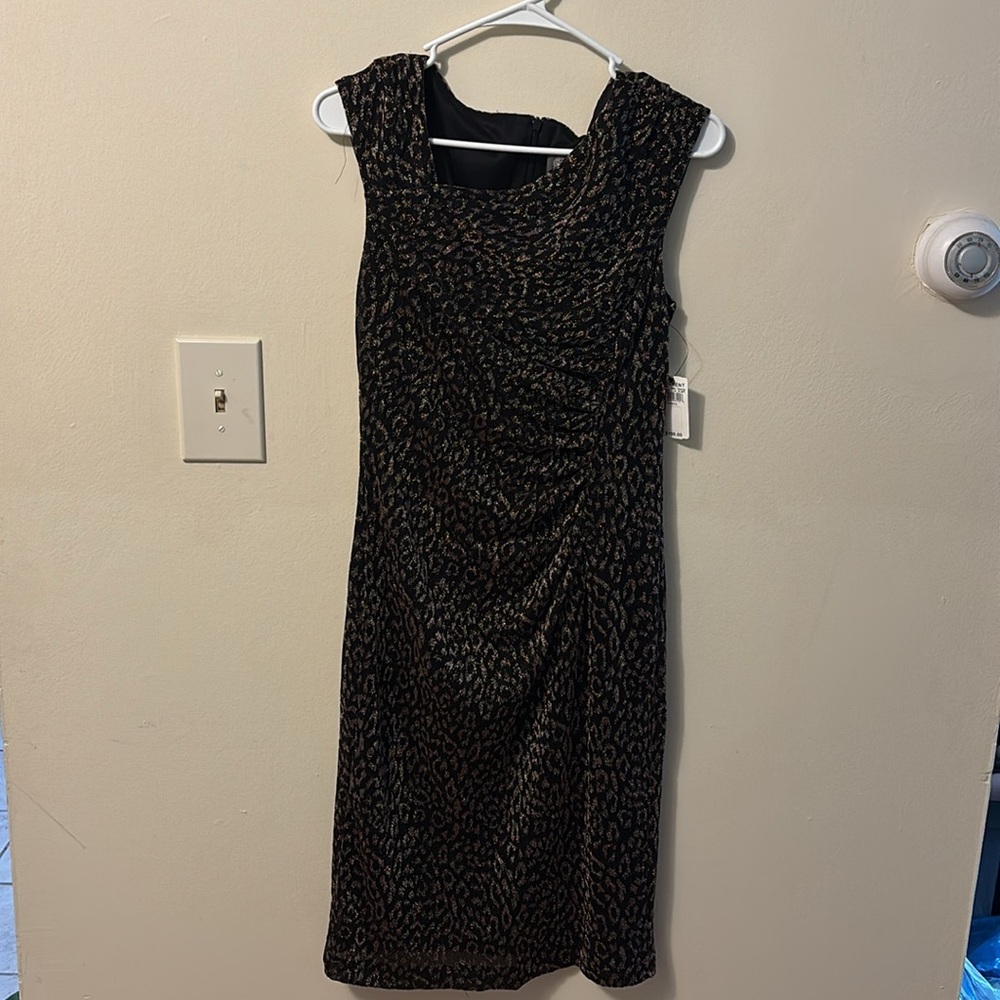 Vince Camuto Black and Gold Ruched Asymmetrical Sheath Dress - Picture 10 of 12